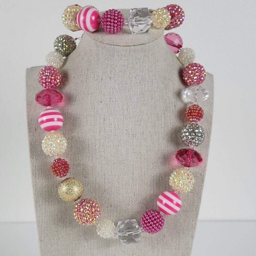 Pink And Gold Sparkly Bubble Gum Bead Necklace And Bracelet Set 20/9 In